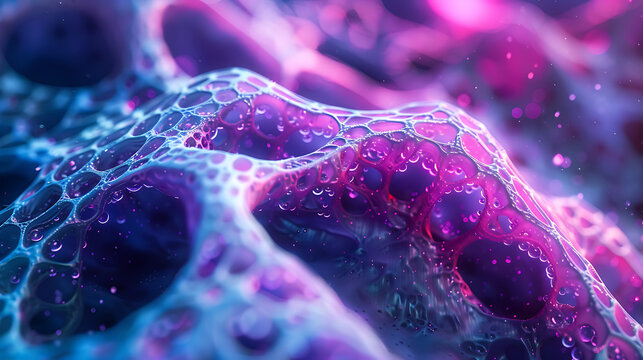 3D macro abstract purple and blue porous biological tissue texture for futuristic science backgrounds and premium cosmetic commercial banners