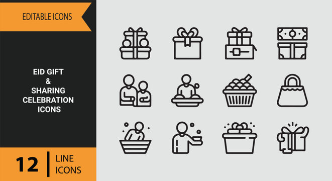 Eid Gift Sharing Celebration Outline Icon Collection for Generosity Family and Festive Moments