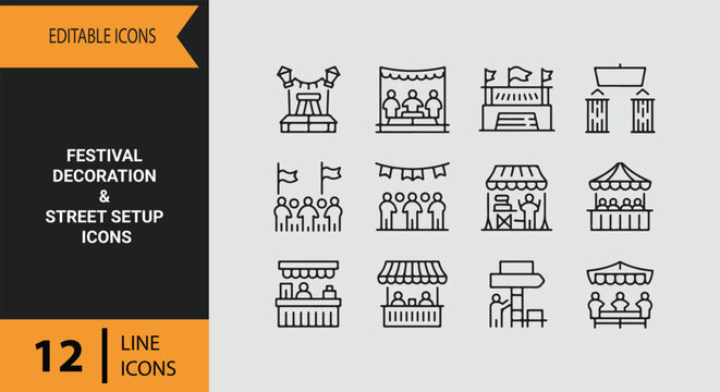 Festival Decoration Street Setup Outline Icon Collection for Outdoor Celebrations and Event Design