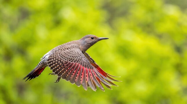 Northern flicker bird in flight showing vibrant red underwing feathers in nature