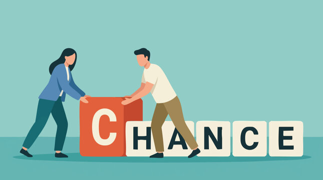 Business people pushing letter blocks to form the word CHANCE, concept of creating opportunity