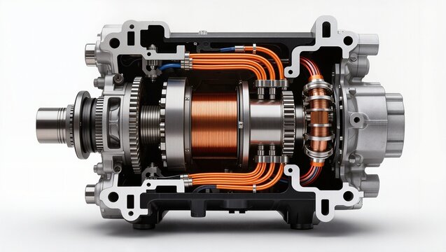 Electric Motor Cross-Section Showing Copper Windings and Internal Mechanical Components