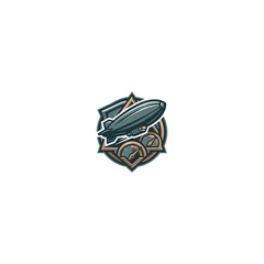 Esports Mascot Emblem Showcasing A Dark Teal Zeppelin Airship With Brass Gauge Details Set Within A Shield Crest, Dynamic Gaming Identity Ideal For Team Branding, Vector Illustration © dewan