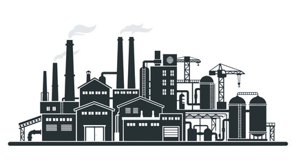 Fototapeta premium Industrial factory complex silhouette with smokestacks and cranes