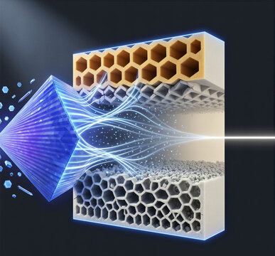 Energy waves filtering through an advanced multi-layered acoustic metamaterial honeycomb structure.