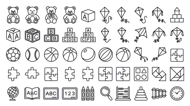 Educational toys and nursery items line icon collection