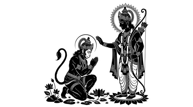 Lord rama blessing hanuman in a traditional silhouette style