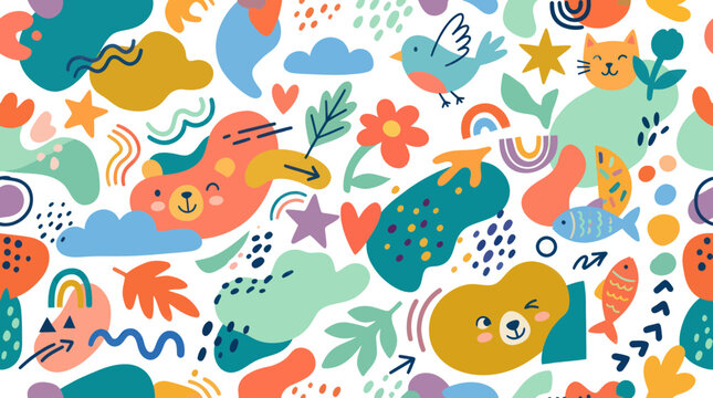 Playful doodle pattern featuring bears cats birds and nature shapes