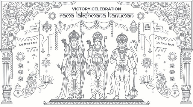Rama lakshmana and hanuman victory celebration with ornate motifs
