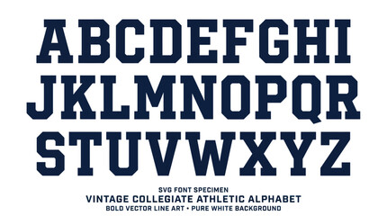 Collegiate varsity style block lettering alphabet in navy blue © turi