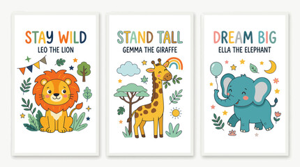 Cute safari animal nursery wall art with lion giraffe and elephant © turi