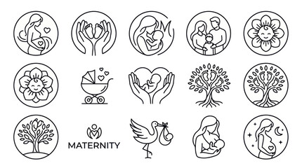 Obraz premium Maternity and parenthood line art icons for family branding