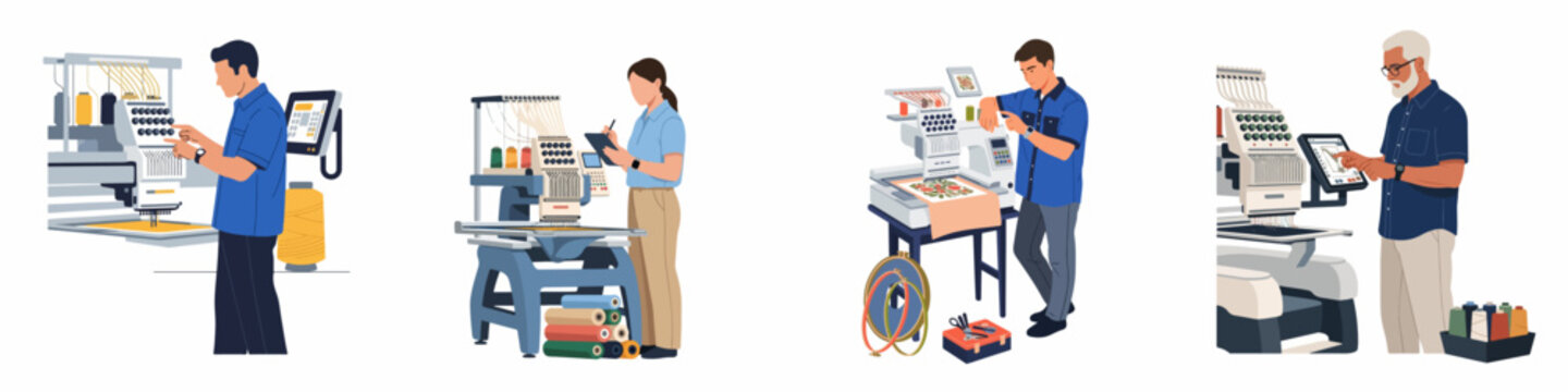 Set of flat illustrations showing technicians operating industrial computerized embroidery machines in a professional garment manufacturing workshop or textile factory environment.