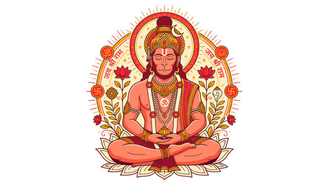 Lord hanuman meditating in lotus position with spiritual symbols