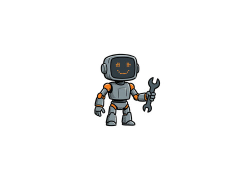 Friendly Factory Mechanic Robot With Grey And Orange Body, Pixel Smiley Screen Head And A Metallic Wrench In Hand, Designed For Repairs And Industrial Service, Vector Illustration