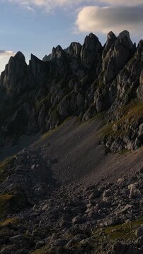 A drone flies over the crumbling rocky peaks of Mount Bobotov Kuk in Durmitor, Montenegro