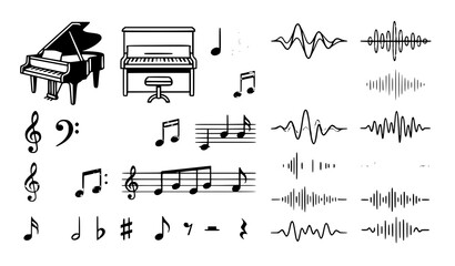 Music Icon Set Piano Grand Notes Clef Sound Wave Equalizer Hand Drawn Doodle Vector Illustration Isolated Collection © Md