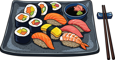 Japanese Sushi Platter Vector Illustration with Salmon Nigiri, Tuna, Shrimp, Maki Rolls, Soy Sauce, and Chopsticks for Restaurant Menu and Food Branding Designs © Ckd