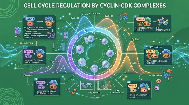 Cell Cycle Regulation by Cyclin-CDK Complexes Illustration with Scientific Molecular Structures