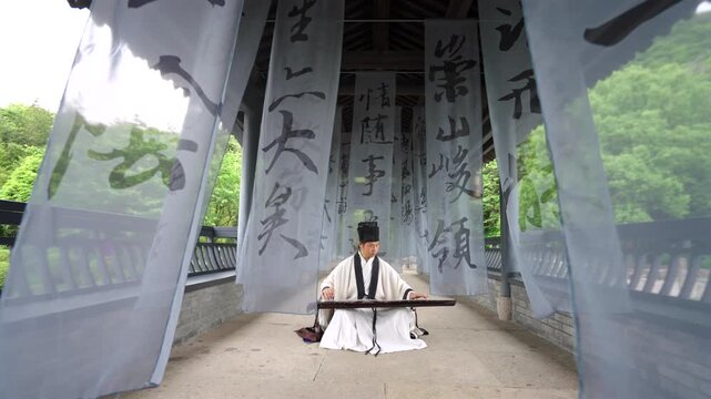 Ancient Chinese Literati Playing Guqin With Traditional Ink Calligraphy Background, Elegant Wei Jin Style Oriental Zen ArtSerene Oriental Scene: Hanfu Scholar Plays Classical Guqin Surrounded by China