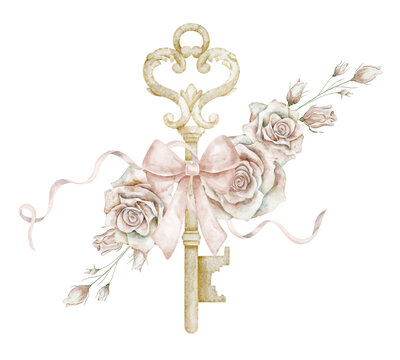 Key watercolor illustration. Vintage ornamental element decorated with roses and floral branches. Romantic decorative object with pink pastel flowers and ribbon bow on isolated background.