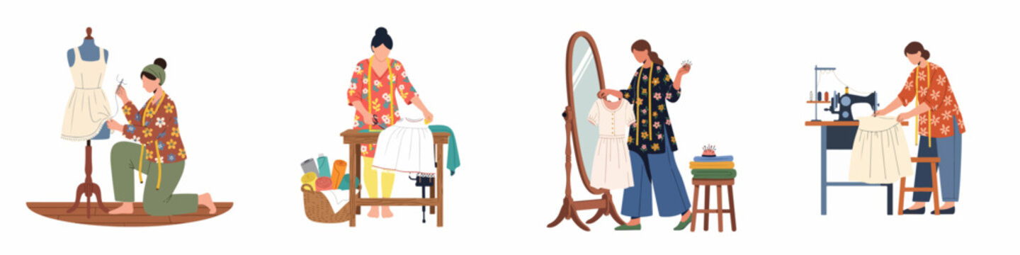 Set of four illustrations showing professional female tailors and dressmakers working on clothing designs, from cutting fabric to final fitting.