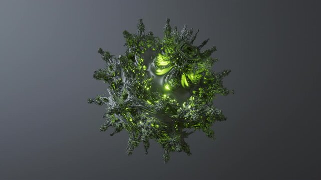 Animated 3D fractal sphere with vivid green inner glow floating on neutral background. Organic mandelbulb structure with glowing core.