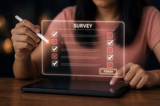 Person completes an online survey on a tablet device with multiple checkboxes marked and a finish button visible.