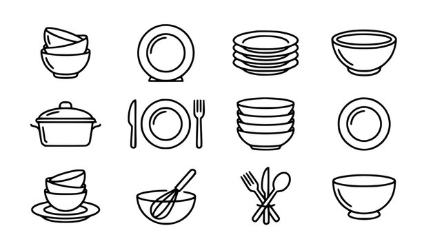 Plate and bowl line icon vector set with kitchenware and crockery symbols