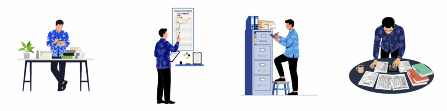 Businessmen in blue batik shirts managing production logs, tracking daily targets, filing documents, and performing accounting tasks in various office settings.