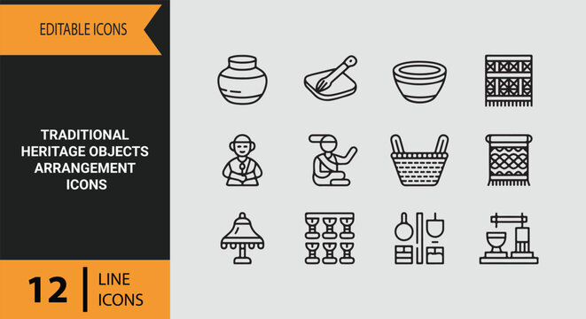 Traditional Heritage Objects Arrangement Outline Icon Collection for Cultural Preservation and History