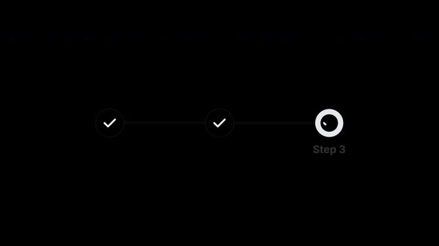 Three Step Progress Bar Animation with Checkmarks on Black Background 4k video animation seamless loop