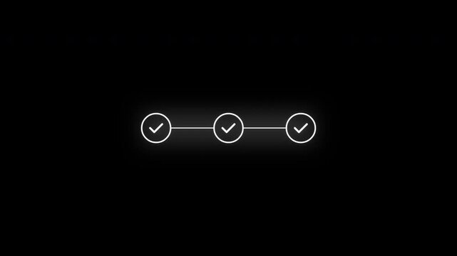 Three Step Progress Bar Animation with Checkmarks on Black Background 4k video animation seamless loop