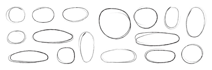 Collection of circular strokes marker felt pen scribbles doodle line. Hand drawn outline sketch wave brush circle mark elements rough set for text highlight ovals, Hand drawn red circle scribble  ©  
