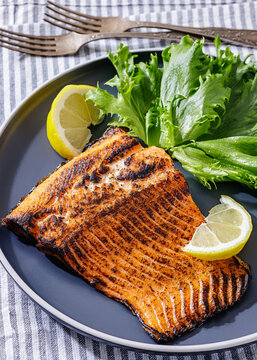 BBQ salmon fish on plate with fresh salad
