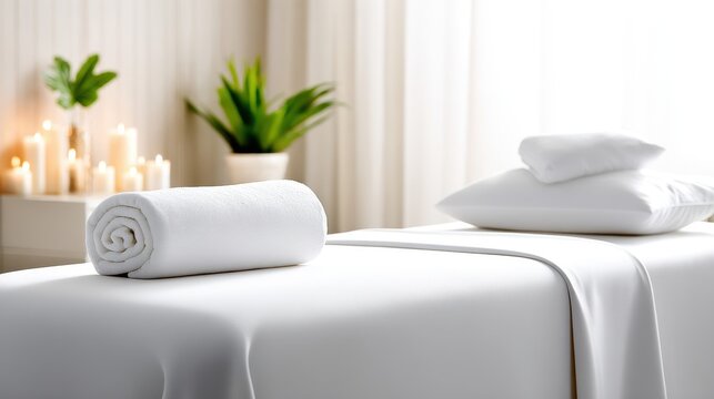 Relaxing spa environment featuring a soft white towel on a clean massage table amidst soothing lights
