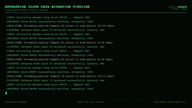 Enterprise cloud data migration pipeline terminal green text screen.