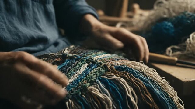 Close up of artisan hands intricately weaving colorful textured fabric using traditional textile craft methods in a studio.