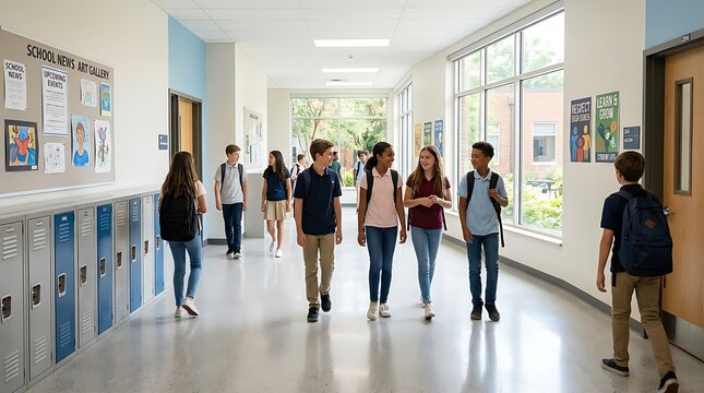 Diverse Students Walking Modern School Hallway. Education, Youth Learning & Back to School Campus Scene.