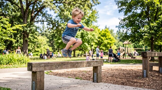 Boy Jumps Over Wooden Beam: A young boy in mid-air jumps over a rustic wooden beam on a sunny day at a park playground, surrounded by trees and other children.