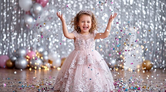 A Royal Celebration: A young girl adorned in a sparkling tiara and a pink princess gown is showered with confetti, her joyful laughter echoing through the festive celebration.