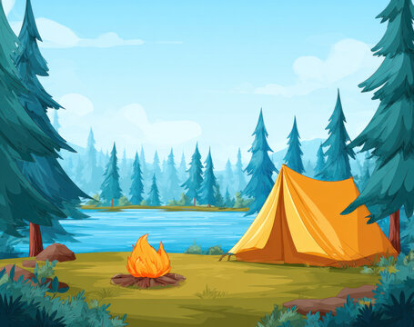 A cartoon illustration of a forest campsite with an orange tent, lit campfire, and lake surrounded by pine trees under a clear sky.