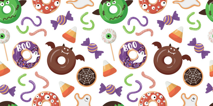 Halloween Sweets Seamless Pattern with Spooky Donuts Candy Corn and Gummy Worms