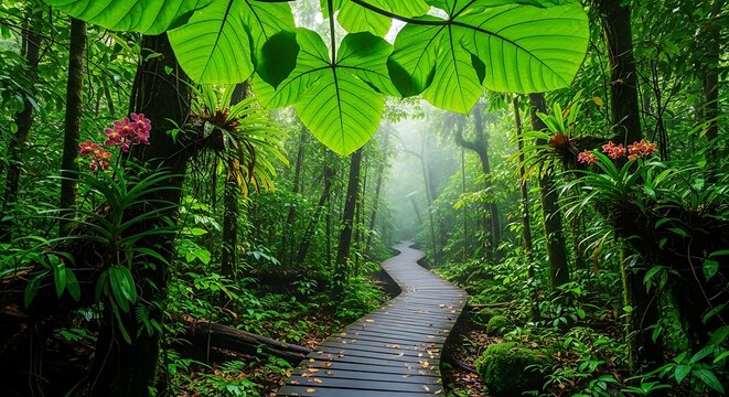 A serene wooden boardwalk path winding through a lush tropical rainforest.