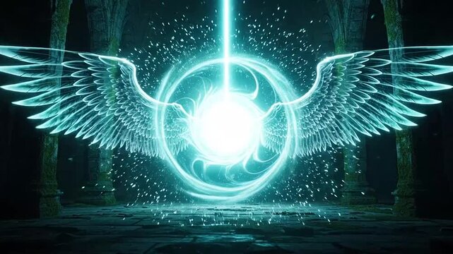 Glowing blue angel wings with radiant light.