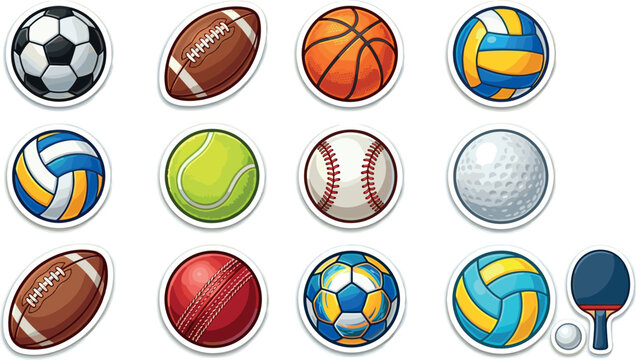 Sports balls vector sticker icon set featuring soccer football rugby basketball volleyball tennis baseball golf cricket and table tennis equipment for school athletic branding tournament graphics.