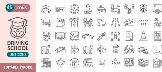 Driving school line icons set for driver education and traffic rules with education transport training automotive instructor automobile navigation transportation drivingtest learning © Iconwale
