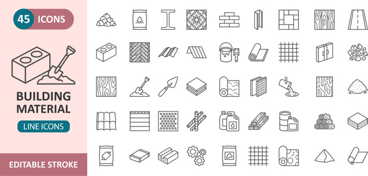 Set of 45 hand drawn construction and building material icons with construction building materials architectural handdrawn supplies industrial infrastructure renovation elements collection