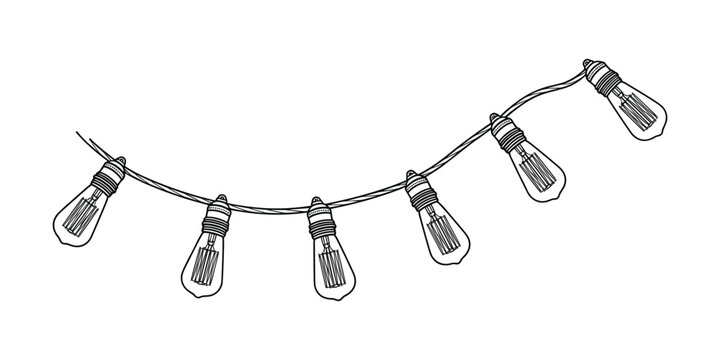 Vintage light bulb garland vector illustration with antique edison style hanging on a wire.