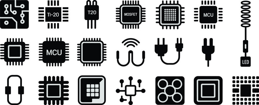 Electronic components and microchip icon set featuring microcontroller integrated circuit and semiconductor symbols isolated on white